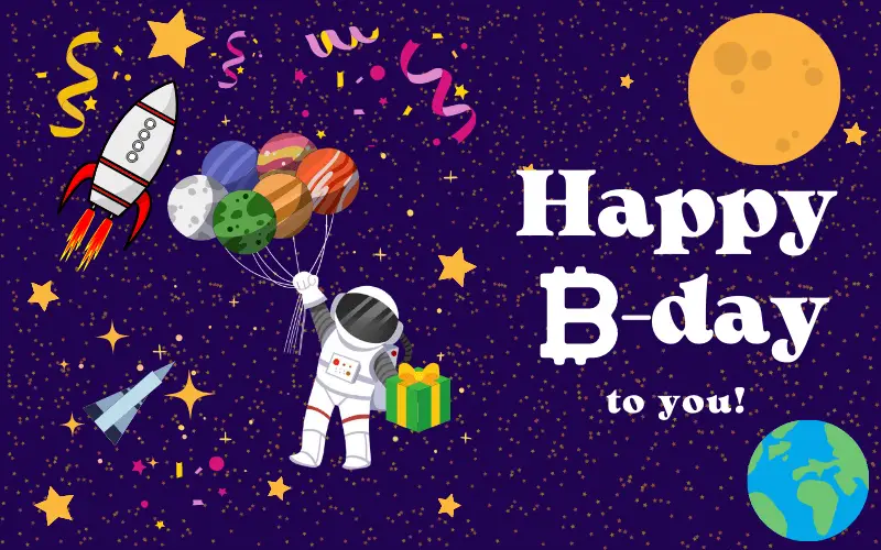 Happy Birthday wish, astronaut, present, earth, stars, balloons, crypto